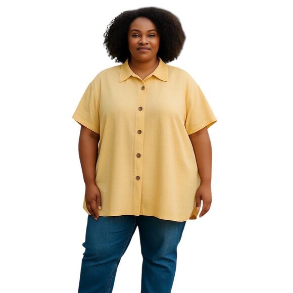 Blue Fish Vintage Linen Button Up Tunic 1999 Shirt Lagenlook Butter Yellow XXL - Picture 1 of 12